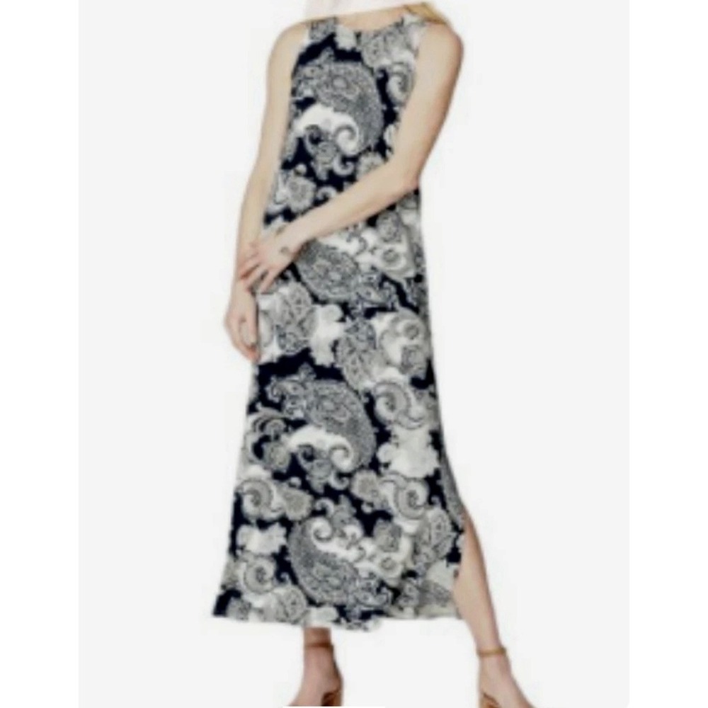 J Jill‎ Maxi Tank Dress Side Slit Navy Beige White Paisley Stretch Jersey Large